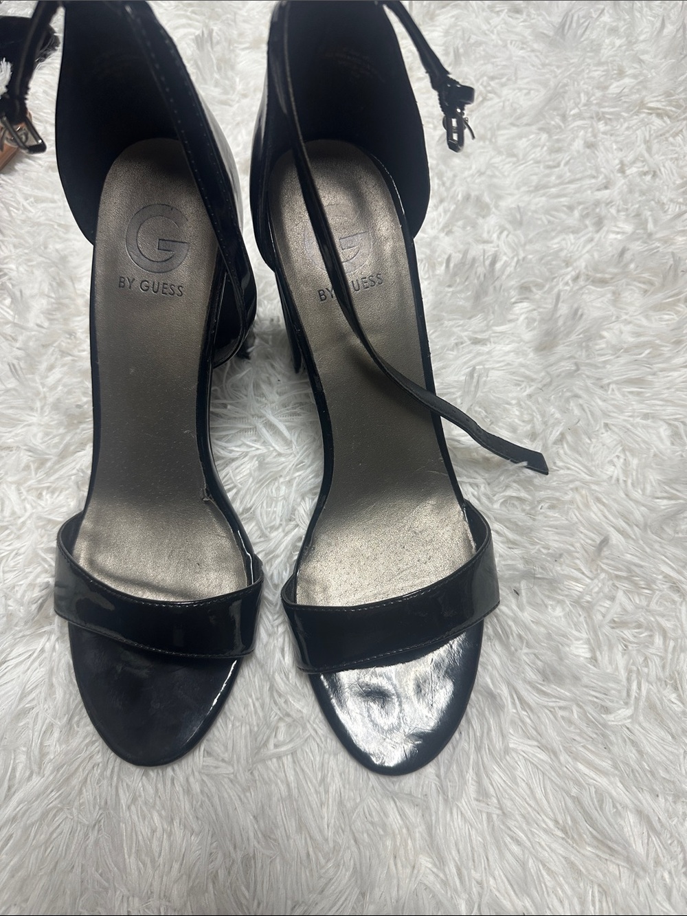 G by Guess Black Patent Ankle-Strap Heeled Sandals